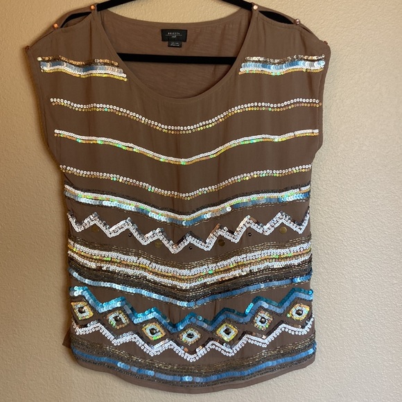 DELETTA ANTHROPOLOGIE S Sequined Beaded Sleeveless Cap Sleeve Shirt Top Tan Blue - Picture 14 of 16